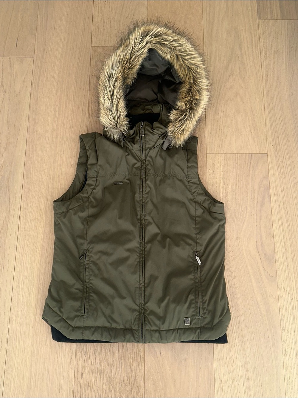 Girls Olive Hooded Puffer Vest with Faux Fur Trim